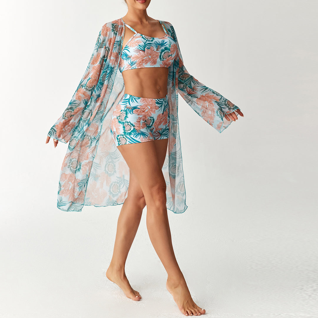 Damen Strandoutfit mit floralem Design und transparentem Kaftan Drune