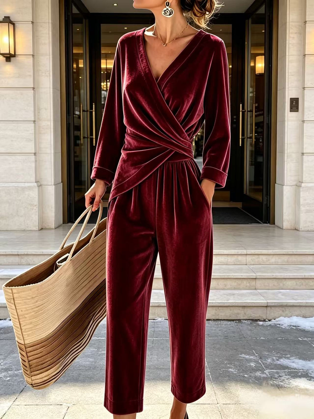 Damen Velours-Overall mit Wickeloberteil und weitem Hosenbein Drune