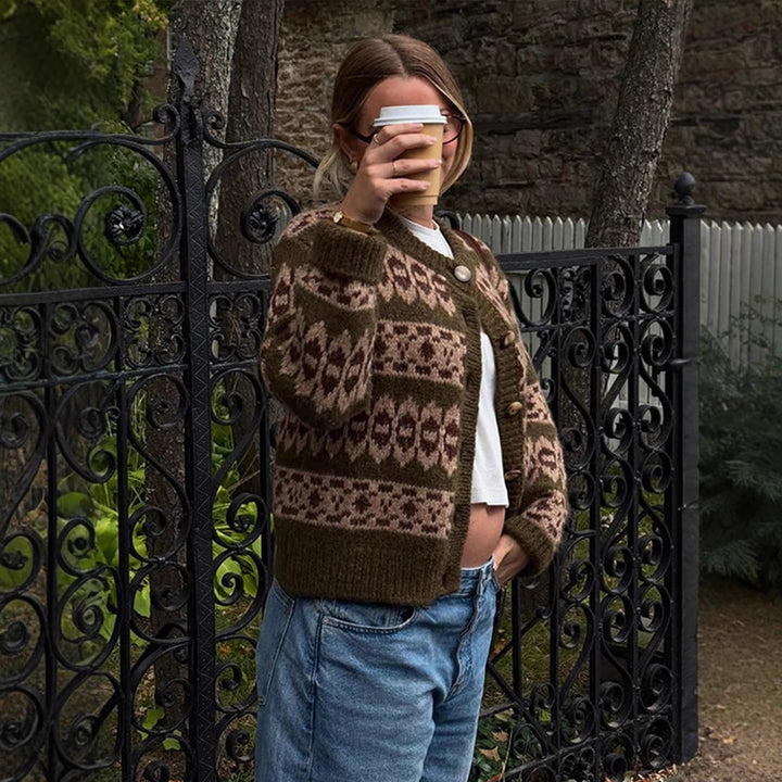 Damen Norwegermuster-Strickjacke mit Knopfleiste und geripptem Saum Drune