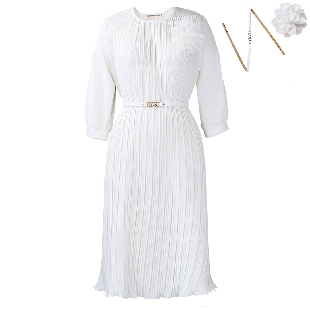 Damen Plissee Midi-Kleid mit eleganter Blumenapplikation und abnehmbarem Gürtel Drune