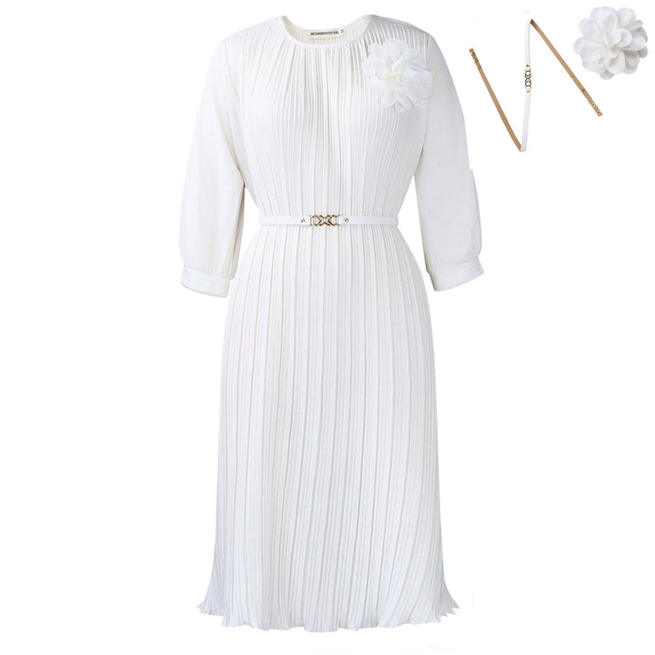 Damen Plissee Midi-Kleid mit eleganter Blumenapplikation und abnehmbarem Gürtel Drune