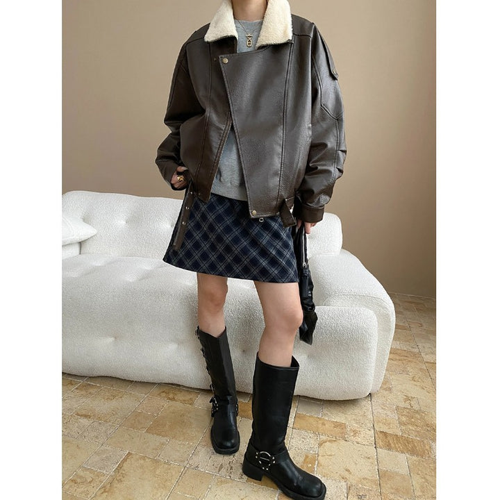 Damen lässige Kunstlederjacke mit großzügigem Kragen und weichem Futter Drune