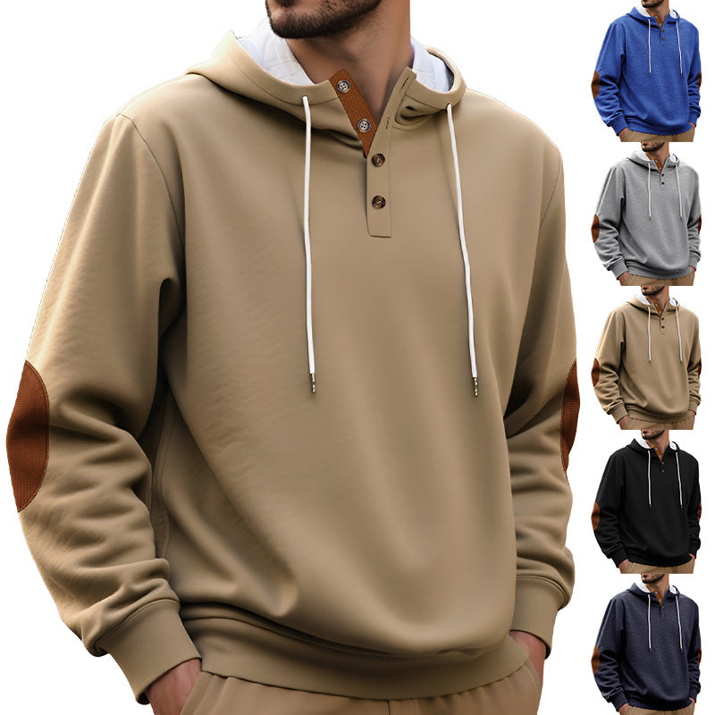Herren nan Kapuzenpullover im puristischen Freizeitstil mit Henley-Knopfleiste, kontrastierter Kapuzeninnenseite und Ellenbogenaufnähern Drune