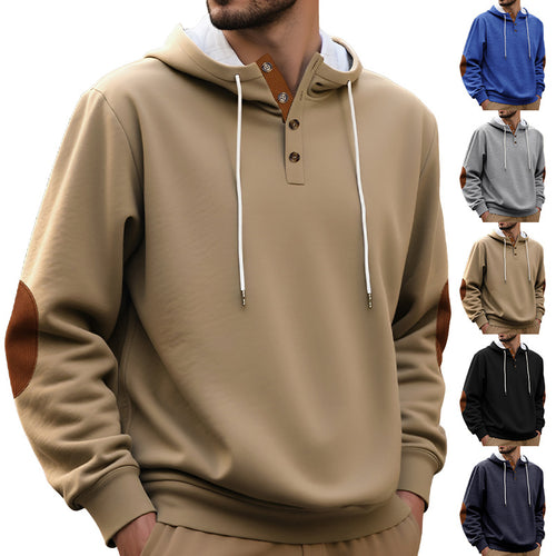 Herren nan Kapuzenpullover im puristischen Freizeitstil mit Henley-Knopfleiste, kontrastierter Kapuzeninnenseite und Ellenbogenaufnähern Drune