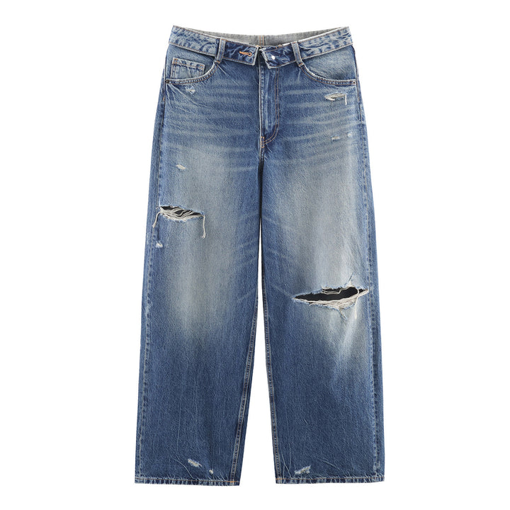 Damen nan weite Jeans mit hohem Bund abgetragenem Look geradem Bein und Fransenrissen Drune