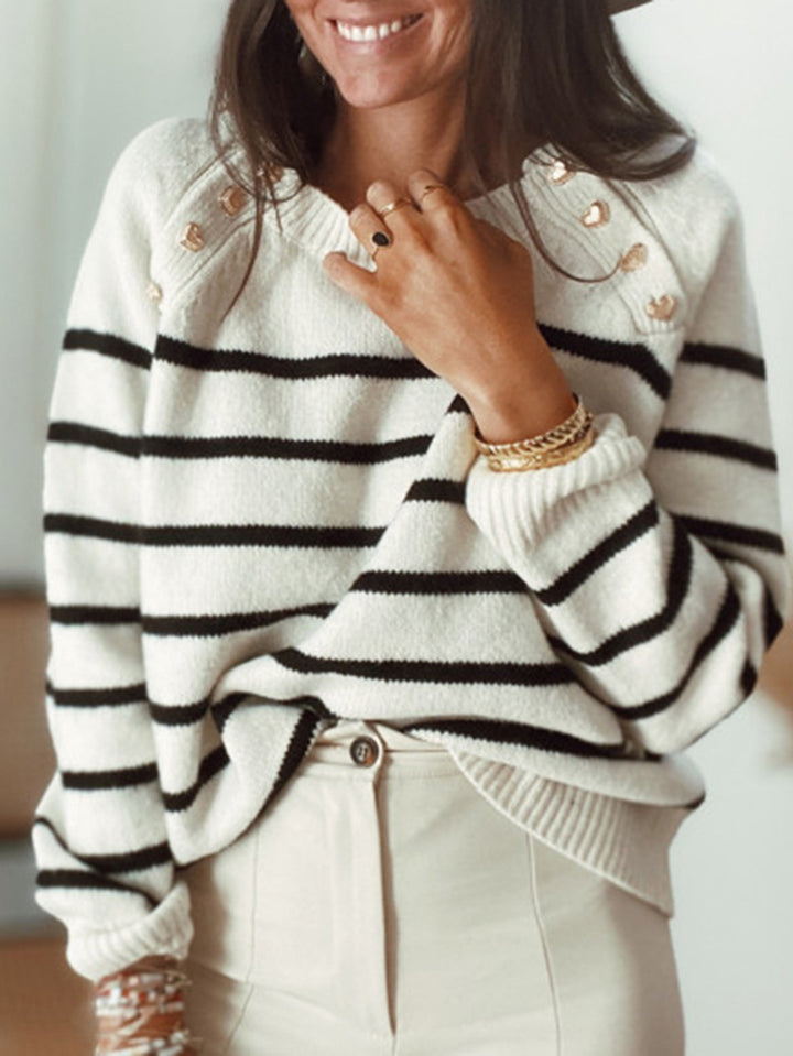Damen lässiger Strickpullover mit modernen Streifen und dekorativen Knopfdetails Drune