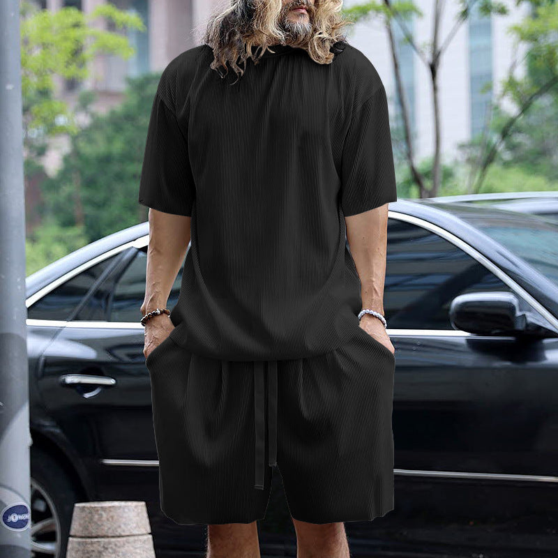 Herren nan modernes geripptes Freizeitset mit weitem Kurzarmshirt und elastischer Tunnelzughose Drune
