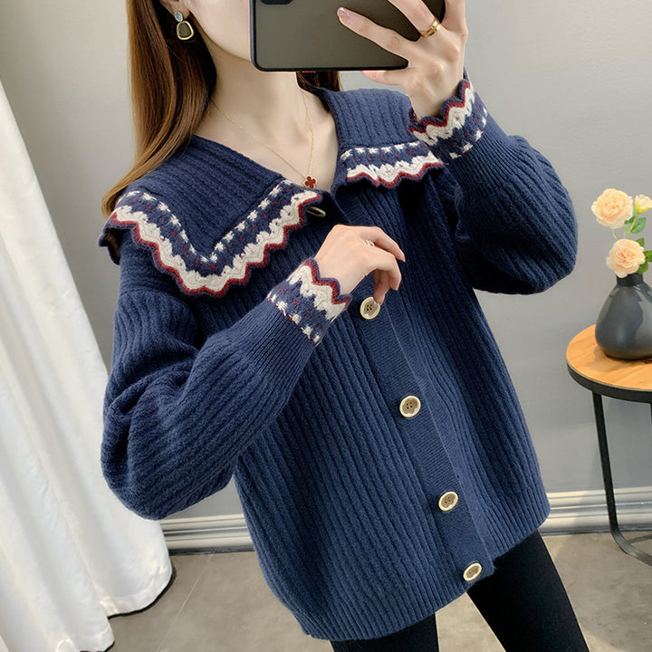 Damen Strickjacke mit kontrastierendem Kragen und Knopfdetails Drune