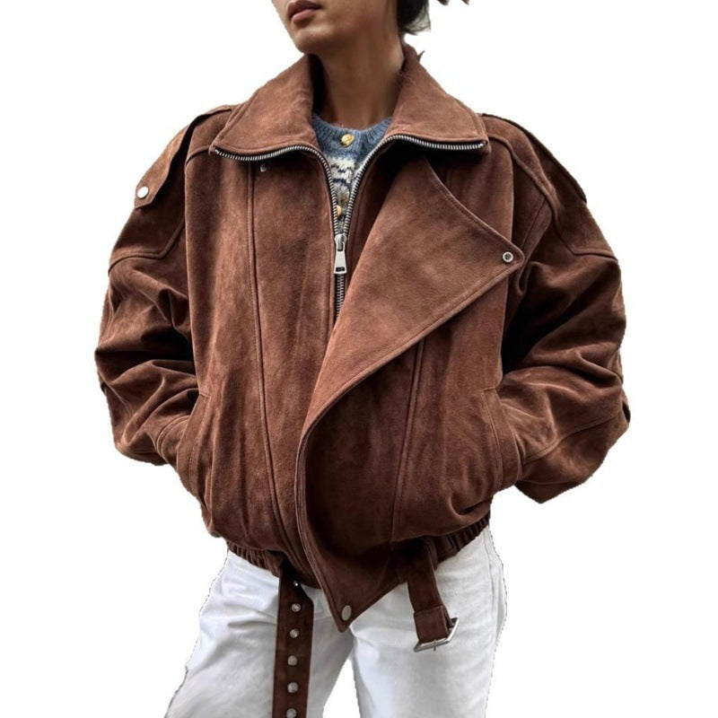 Damen lässige Wildlederjacke im Oversized-Stil mit Taillengürtel Drune