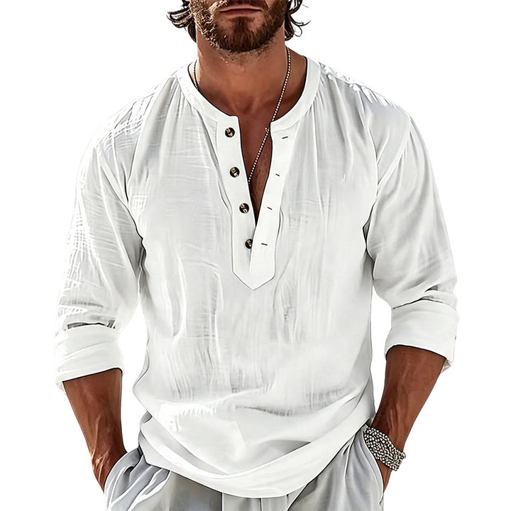 Herren Leichtes Leinen-Henley-Langarmshirt mit Mandarin-Kragen Drune
