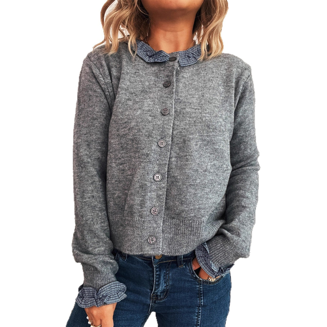 Damen elegante Strickjacke mit Kontrastkragen Drune