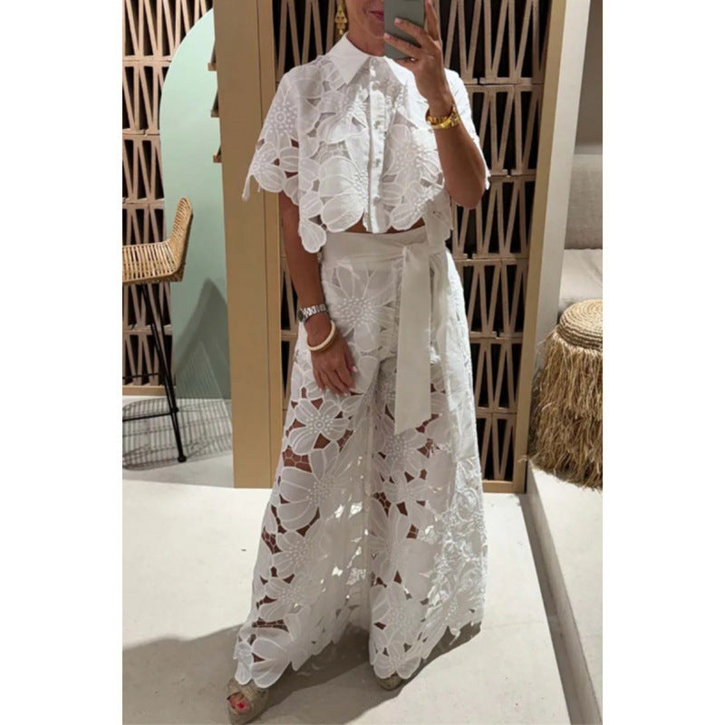 Damen Zweiteiliges Spitzen-Set mit Blumenstickerei und Palazzohose Drune