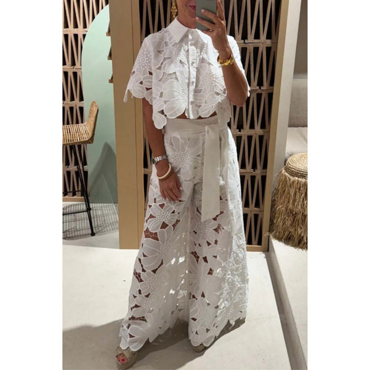 Damen Zweiteiliges Spitzen-Set mit Blumenstickerei und Palazzohose Drune