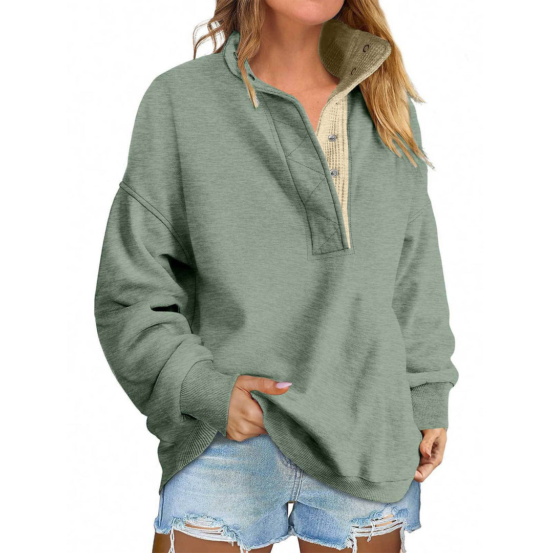 Damen Oversize-Henley-Sweatshirt mit Stehkragen und Druckknopfleiste Drune