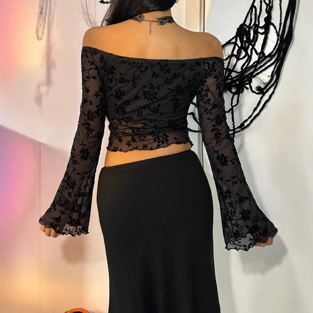 Damen nan transparentes Mesh-Top mit floraler Samt-Flock-Applikation, Carmen-Ausschnitt und kurzem Taillen-Saum Drune
