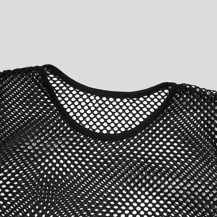 Unisex nan durchscheinendes Diamantnetz-Langarmshirt mit Rundhalsausschnitt Drune