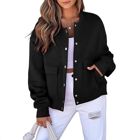Damen Oversized Bomberjacke aus French Terry mit Druckknopf und aufgesetzten Taschen Drune