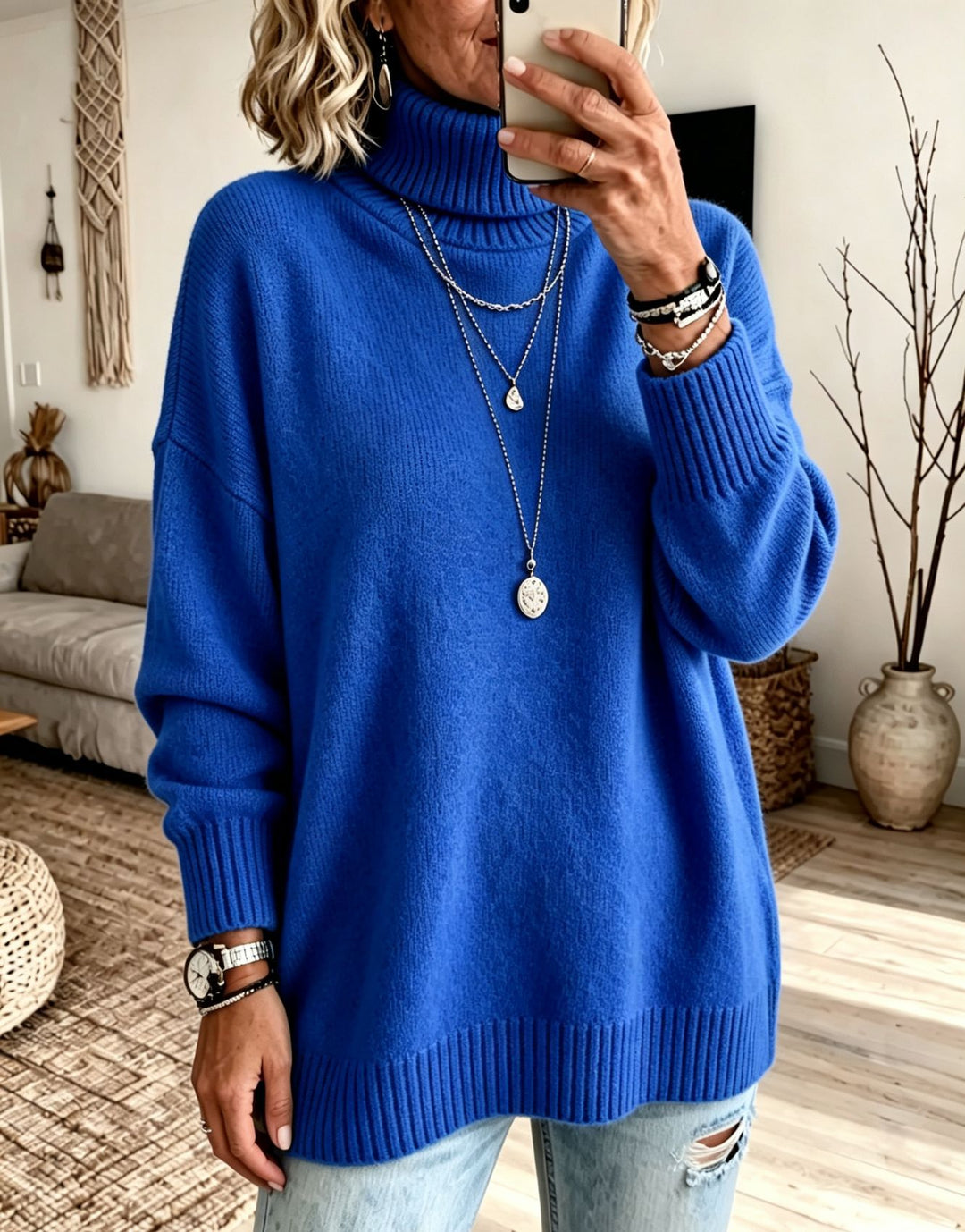 Damen Oversize Rollkragenpullover aus Feinstrick mit gerippten Bündchen und überschnittener Schulter Drune