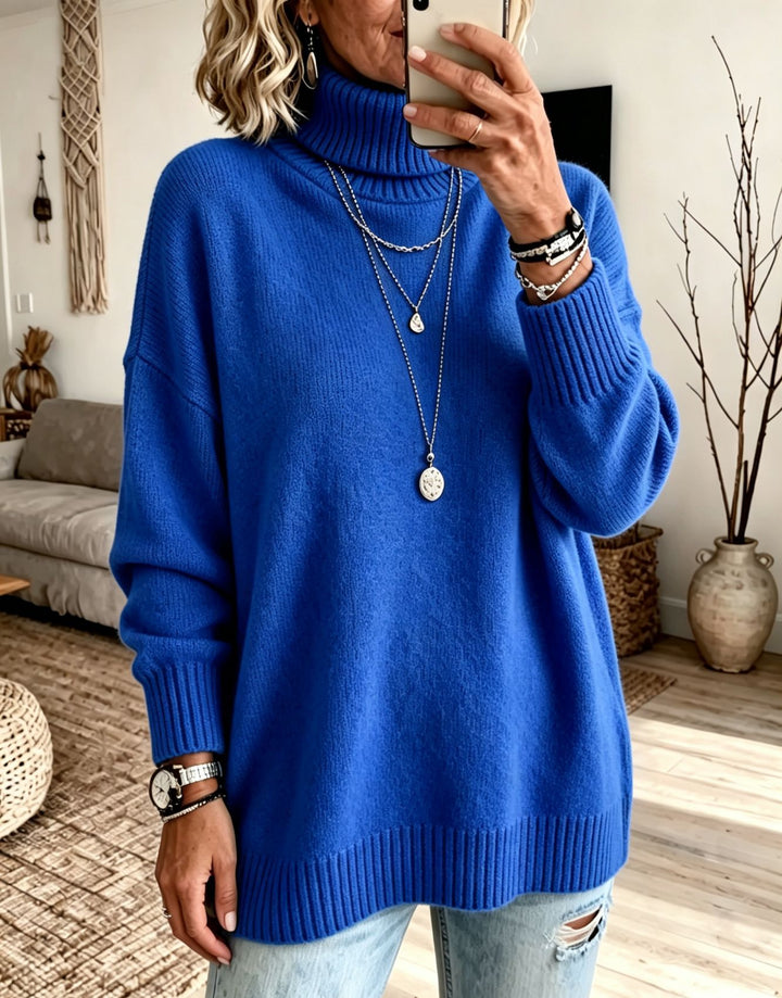Damen Oversize Rollkragenpullover aus Feinstrick mit gerippten Bündchen und überschnittener Schulter Drune