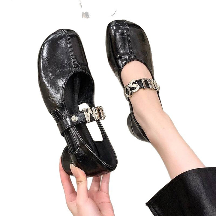 Damen Mary-Jane-Ballerinas mit dekorativem Schmuckriemen, gerundetem Zehenbereich und niedrigem Blockabsatz Drune