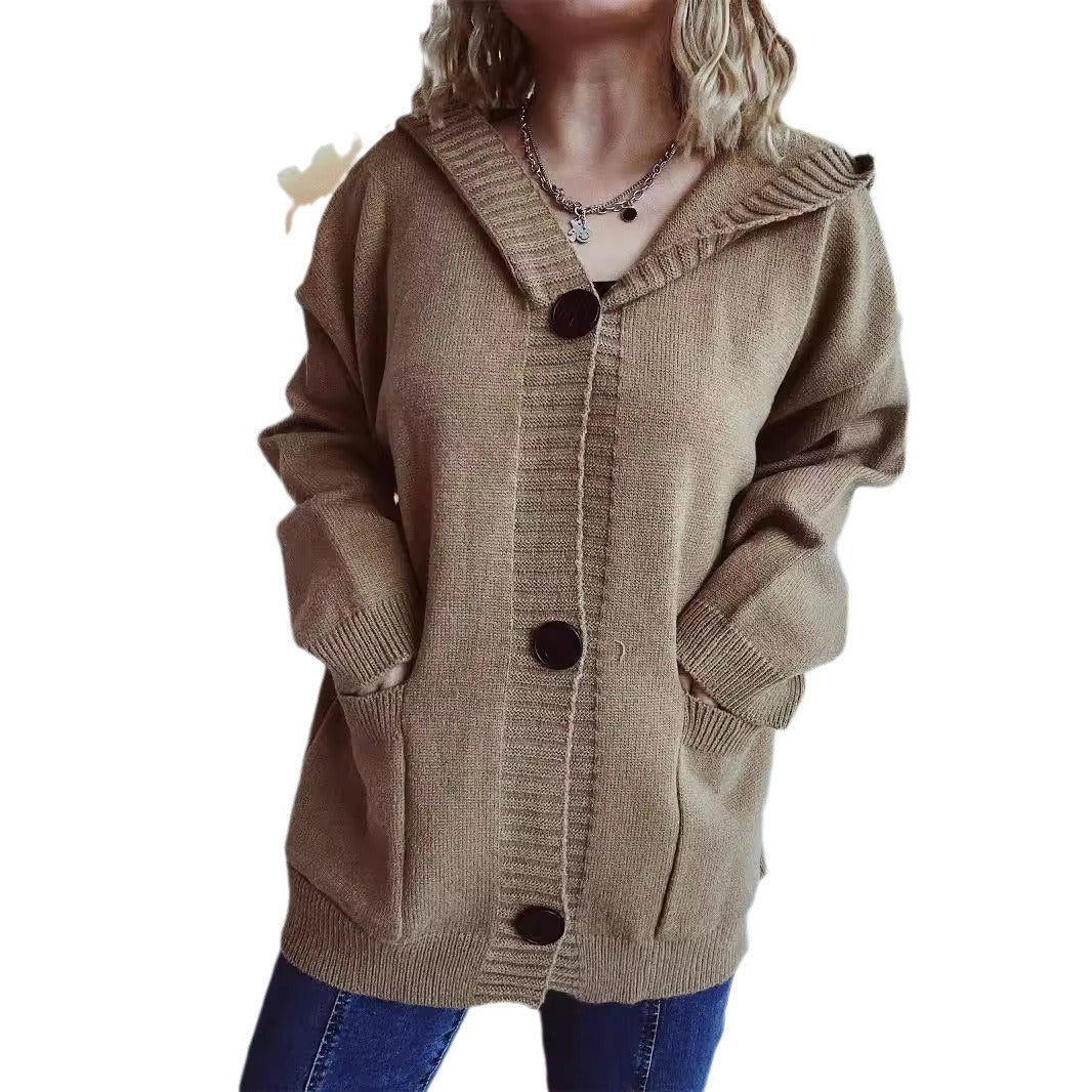 Damen kuschelige Strickjacke mit Kapuze und aufgesetzten Taschen Drune