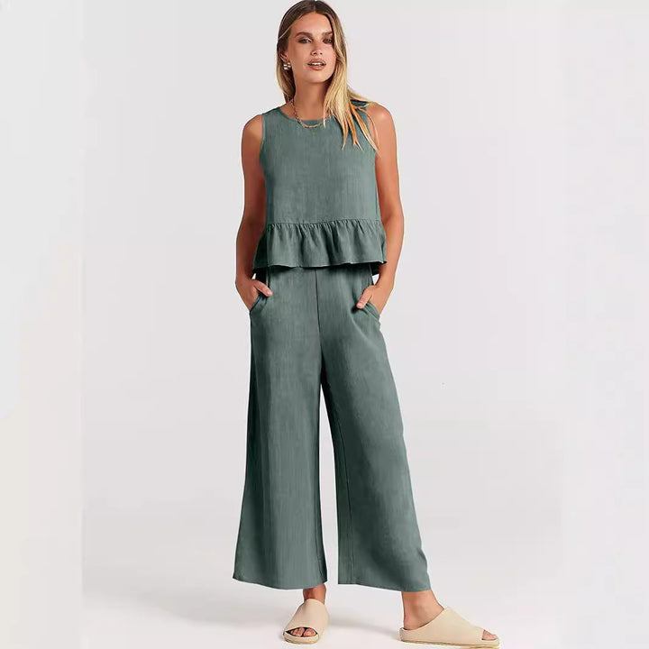 Damen Zweiteiler-Set mit schickem Peplum-Oberteil und weit geschnittenen Hosen Drune