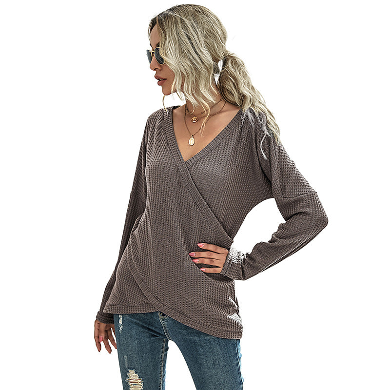 Damen Waffelstrick‑Wickelshirt mit V-Ausschnitt und langer Oversize-Ärmelpassform Drune
