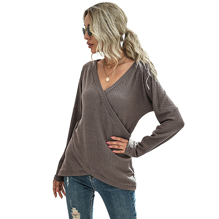 Damen Waffelstrick‑Wickelshirt mit V-Ausschnitt und langer Oversize-Ärmelpassform Drune
