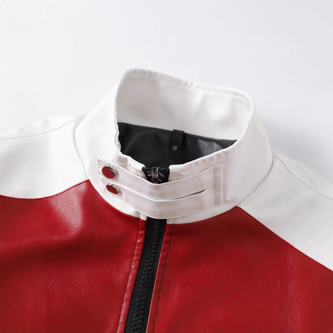 Herren Retro-inspirierte Lederimitat-Blockjacke mit Stehkragen und Reißverschluss Drune
