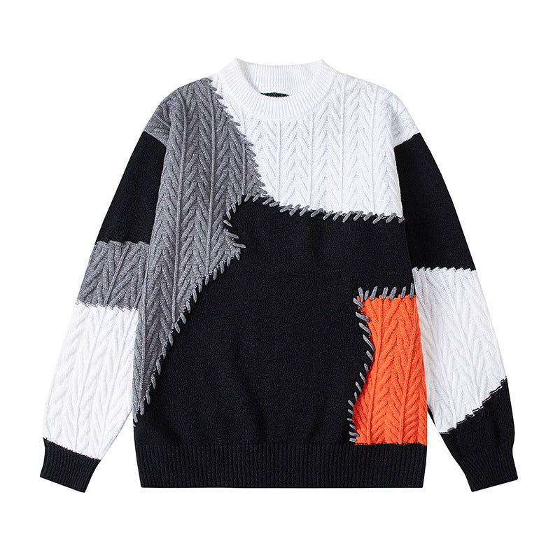 Herren nan strukturierter Patchwork-Strickpullover mit Zopfmuster und Rundhals Drune