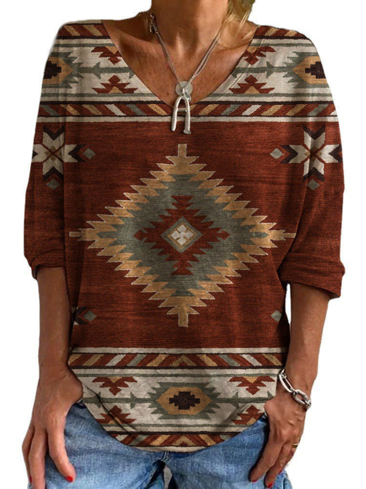 Damen Aztekisch gemustertes Oversize-Tunika-Top mit V-Ausschnitt und dreiviertel-Ärmeln Drune