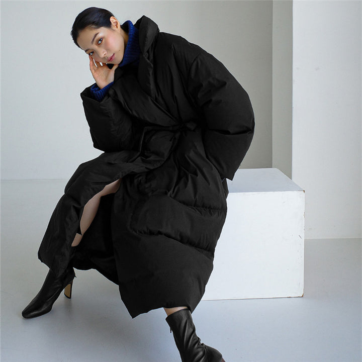 Damen Oversized Steppmantel Maxi mit hohem Stehkragen, Bindegürtel und winddichter Füllung Drune