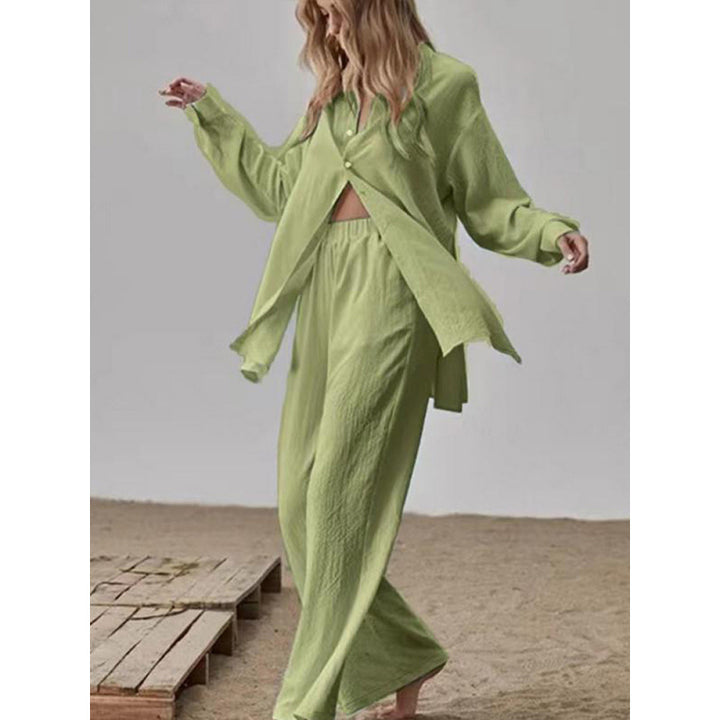 Damen Satin Pyjama Set mit langärmliger Bluse und weiten Hosen Drune