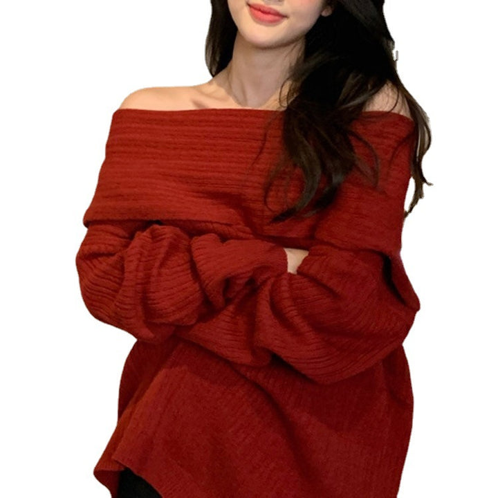 Damen Oversized Pullover mit lässigem Off-Shoulder Design und feiner Rippstruktur Drune
