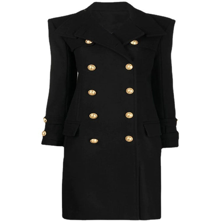 Damen Eleganter Wollmix-Longcoat im Marineinspirierten Doppelreiher mit Oversized-Schalkragen und Zierärmeln Drune