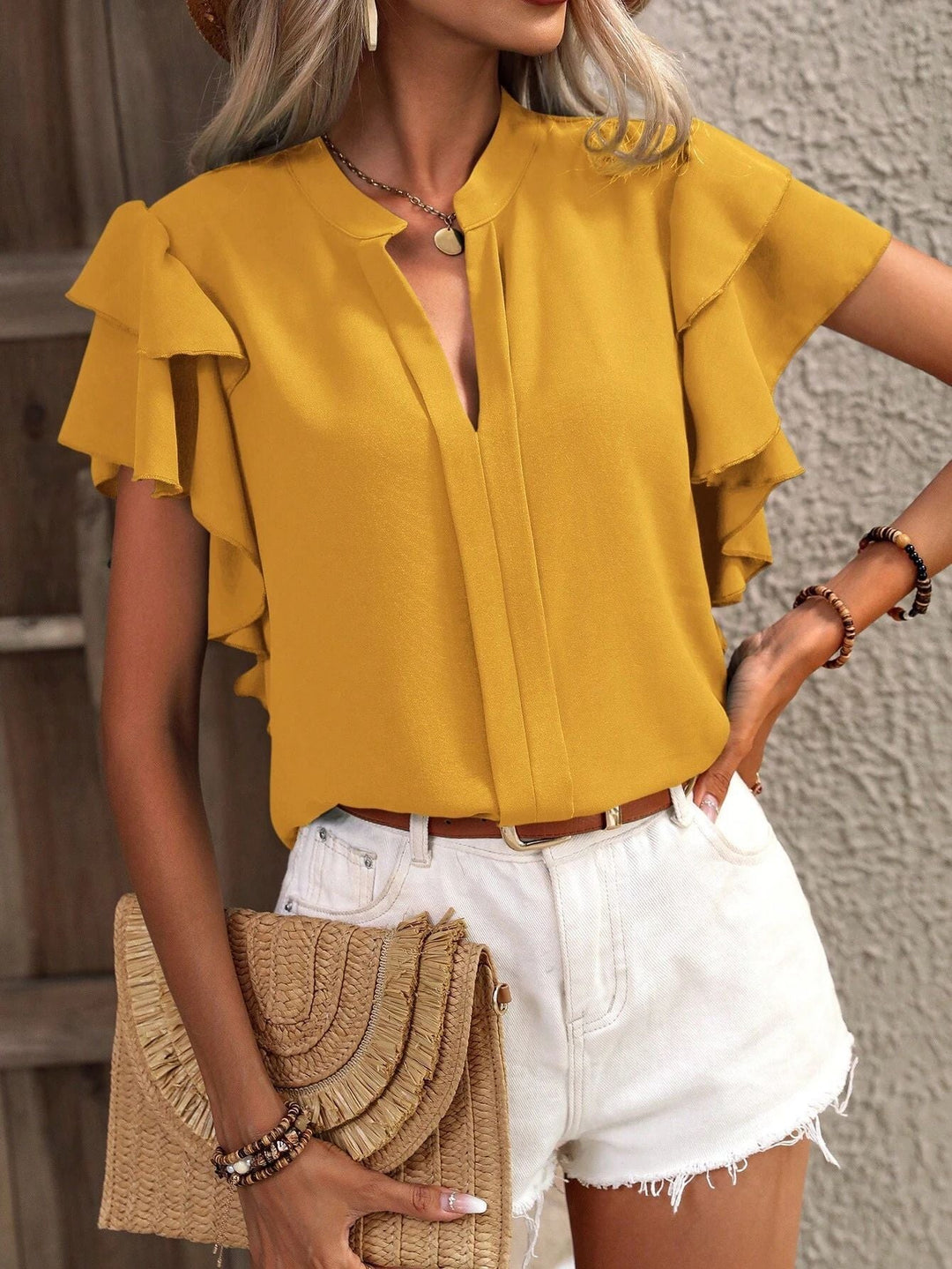 Damen elegante Bluse mit voluminösen Rüschen Drune