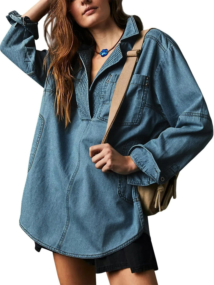 Damen Denim-Shirt mit detailreicher Steppung und lässigem Schnitt Drune