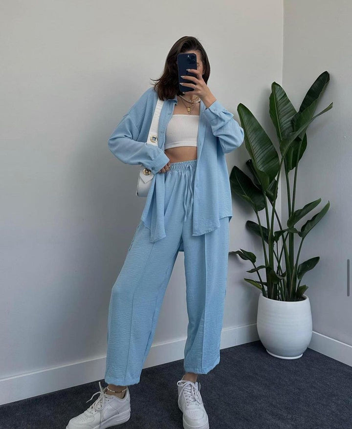 Damen Lässiges zweiteiliges Lounge-Set aus Crêpe mit Oversize-Hemd und hohem Elastikbund Drune