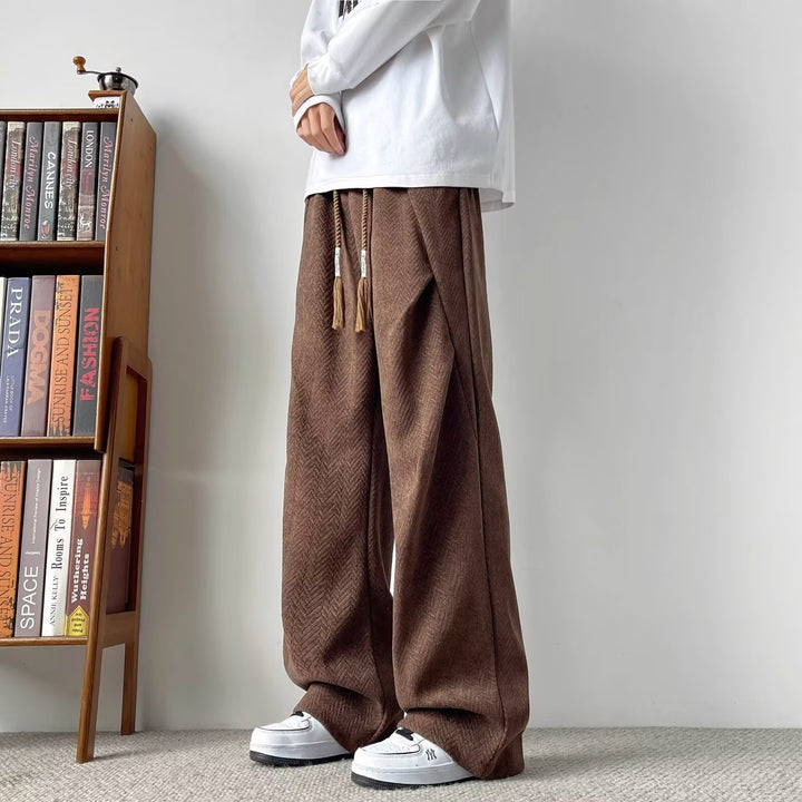 Herren Weite Lounge‑Hose mit Kordelzug und Fischgrät‑Struktur Drune