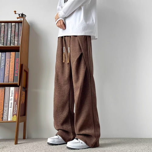 Herren Weite Lounge‑Hose mit Kordelzug und Fischgrät‑Struktur Drune