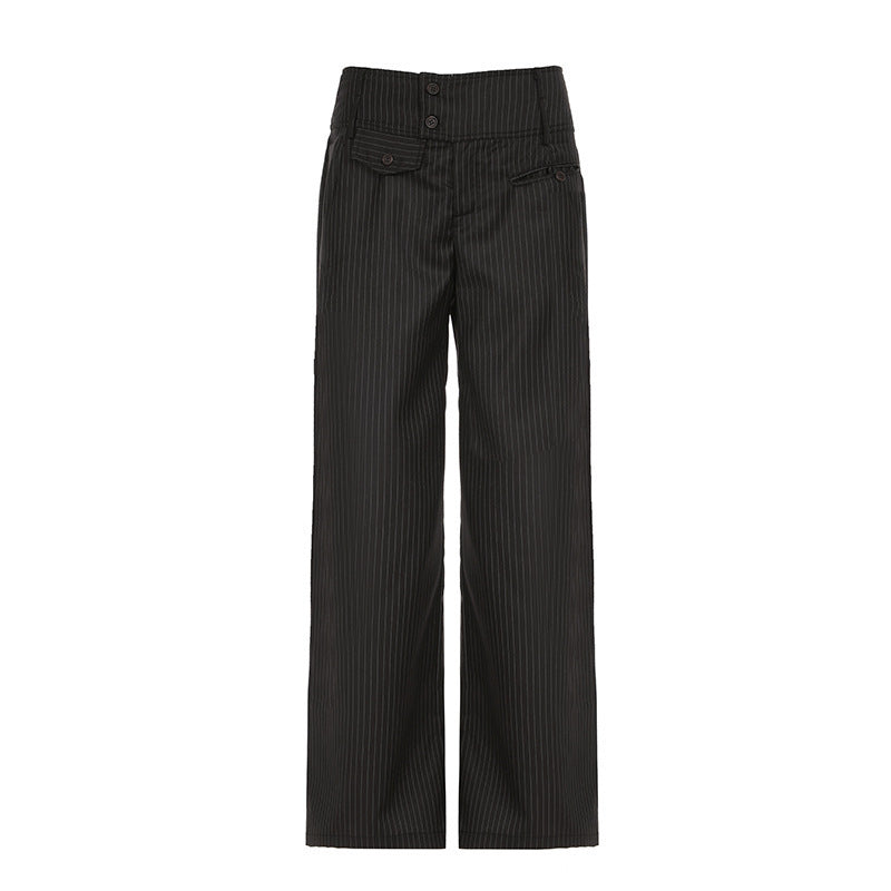 Damen Elegante weit geschnittene Streifenhose mit hoch sitzendem Bund und dekorativen Knopfdetails Drune
