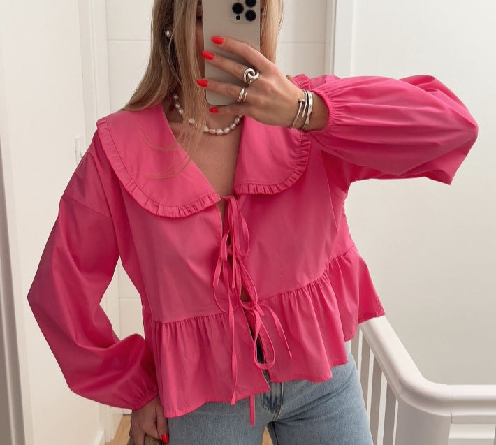Damen verspielte Bluse mit Rüschensaum und oversized Kragen Drune