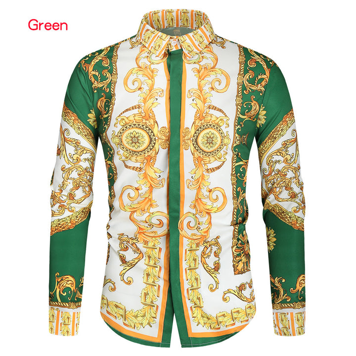 Herren nan barockes Langarm-Hemd mit ornamentalem Druck, Kentkragen und tailliertem Schnitt Drune
