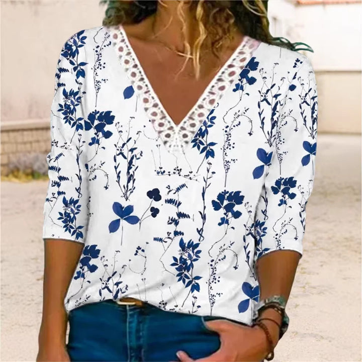 Damenbluse mit V-Ausschnitt und Spitzenbesatz, 3/4-Ärmel, Blumenmuster und lockerer Schnitt Drune