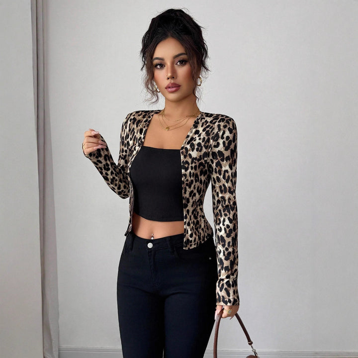 Damen nan taillierter Kurzblazer aus Stretchjersey mit Leopardenstruktur und schmaler Passform Drune