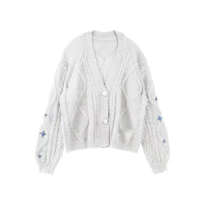 Damen nan oversize Strickcardigan mit Zopfmuster und Sternapplikationen V-Ausschnitt Knopfleiste Drune