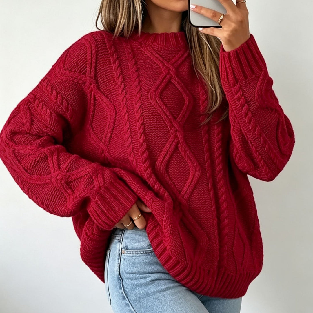Damen Oversize Flechtstrick-Pullover mit Zopfmuster und Rundhals Drune
