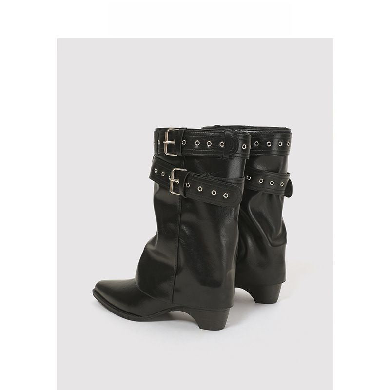 Damen Slouch-Stiefel mit spitzer Zehenpartie, Schnallenriemen und niedrigem Absatz Drune