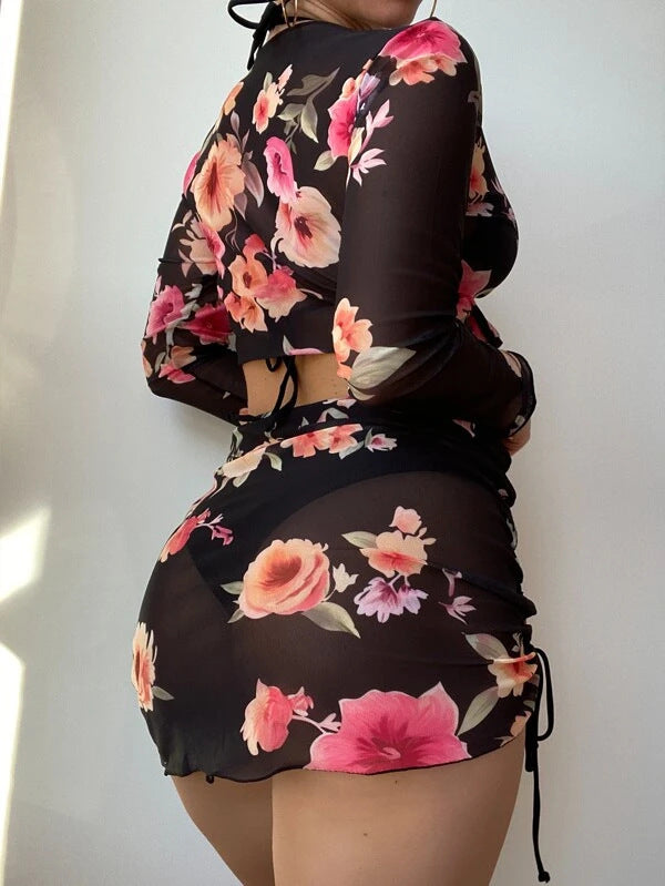 Damen Elegantes Badeoberteil mit floralem Design und Krawattenverschluss Drune