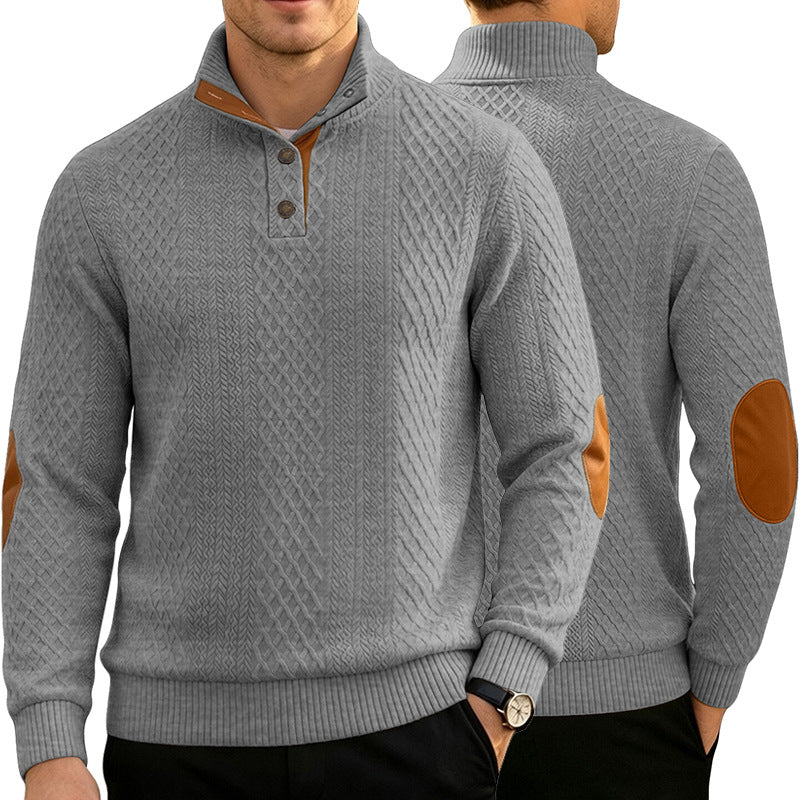 Herren Kabelstrick Troyer Pullover mit Stehkragen und Lederoptik-Ellbogen-Patches Drune